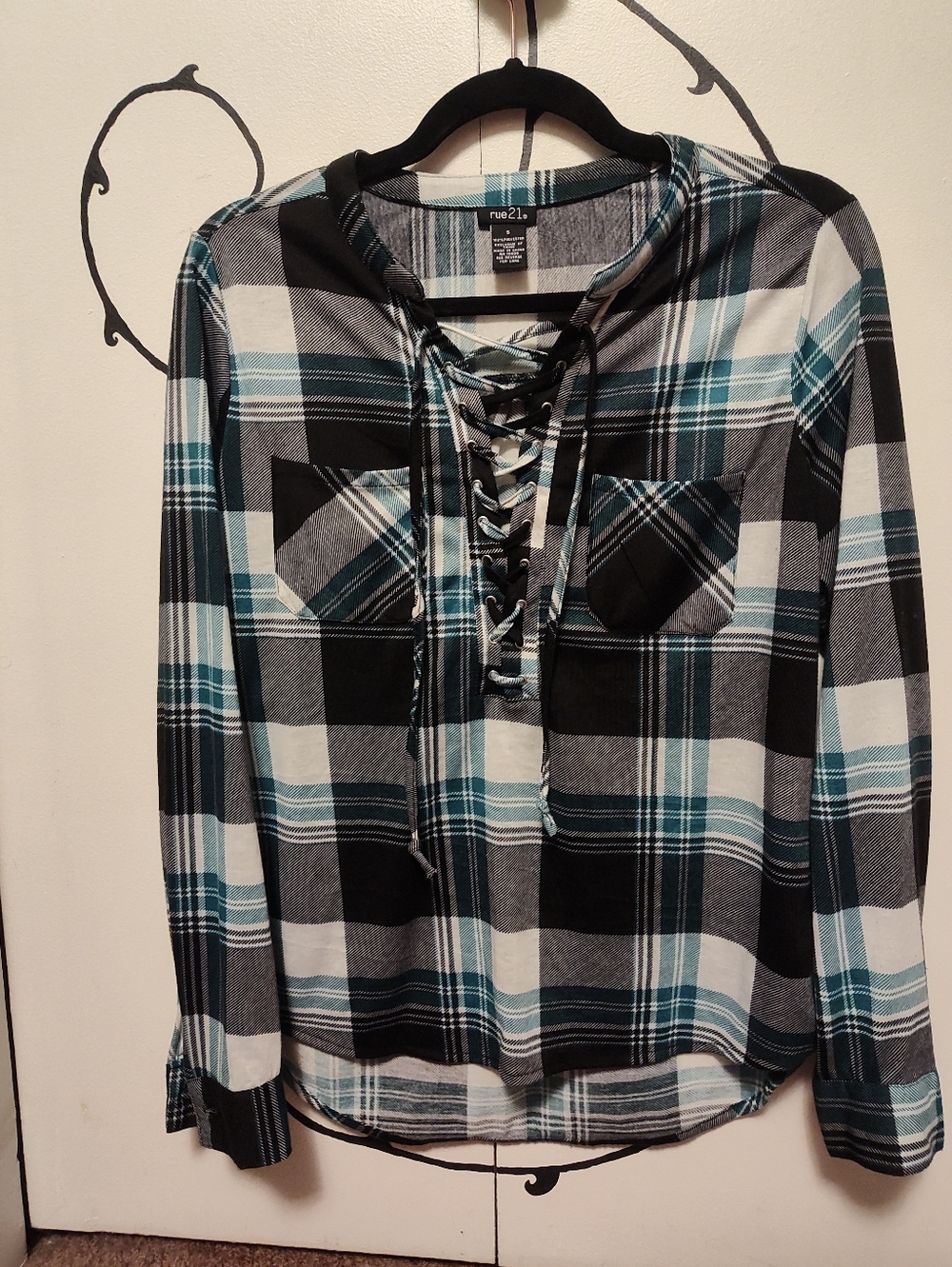 Teal, Black, and White Plaid Lace-Up Long Sleeve Shirt